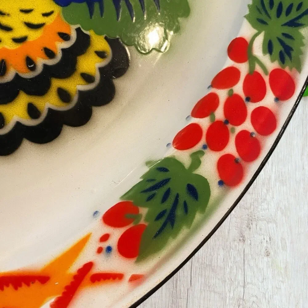 Vintage Large Enamelware Turkey Oval Platter Hand Painted Thanksgiving Decor 17.